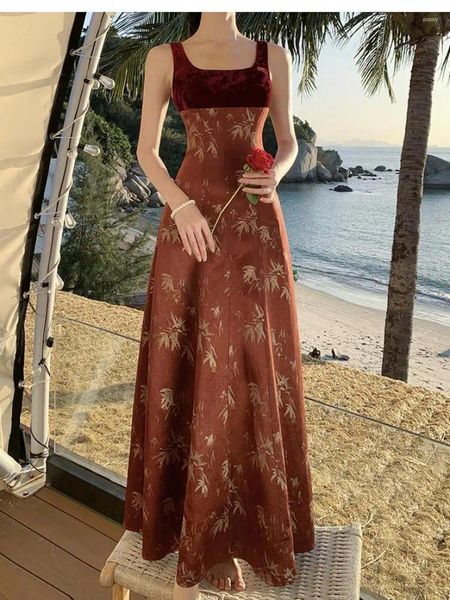 Vestidos casuais Vintage Brown Print Patchwork Sexy Moman Fashion Square Collar Collar elegante Longo Sundress Summer Summer Holiday Party Robe Boho