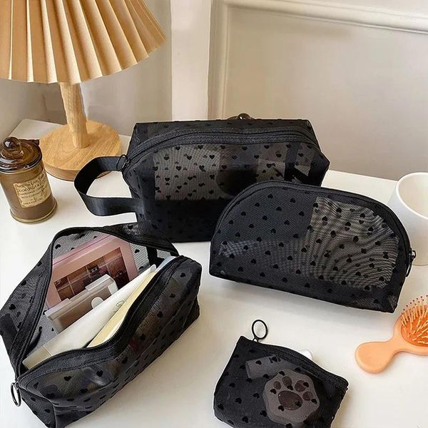 Bolsas de cosméticos 5pcs adoram impressão de malha de malha portátil, maquiagem de maquiagem de maquiagem de maquiagem transparente feminino de batom de batom de batom transparente