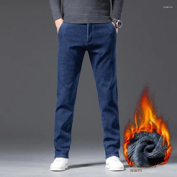 Jeans masculinos 2024 Homens de lã de inverno Tubo reto e elástico solto outono e calça quente grossa tudo casual