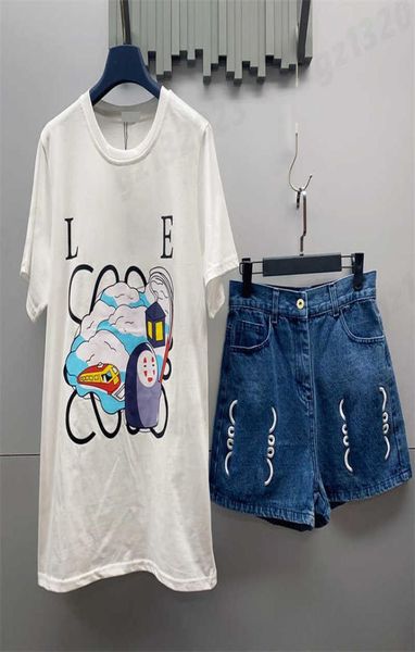 Roupas de designer feminino Palnta de duas peças Totoro impressão de trem curta Camista de manga curta e shorts jeans Marca de moda Summer8630422