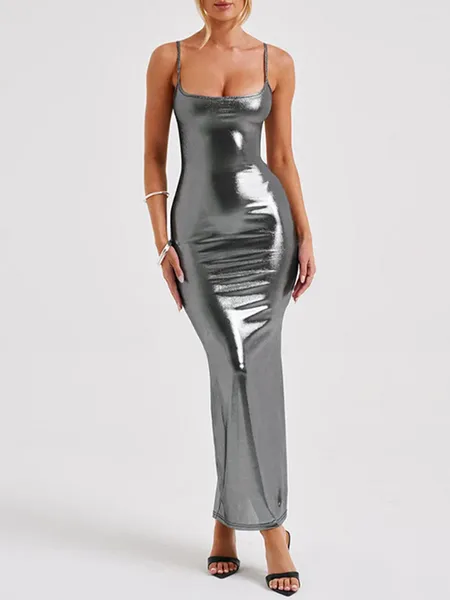 Повседневные платья женские сексуальные металлические платья спагетти ремень без спинки Long Bodycon Party Club Maxi