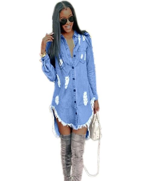 Mulheres vintage jeans mini vestido assimétrico sexy surn descendente pescoço de manga longa com tassel vestido de camisa mini azul jean vestido 22081073067