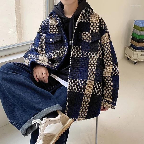 Jackets masculinos Jaqueta xadrez de outono Menas de moda retro pocket strados casualwear coreano lapel casaco de lapela masswear m-2xl