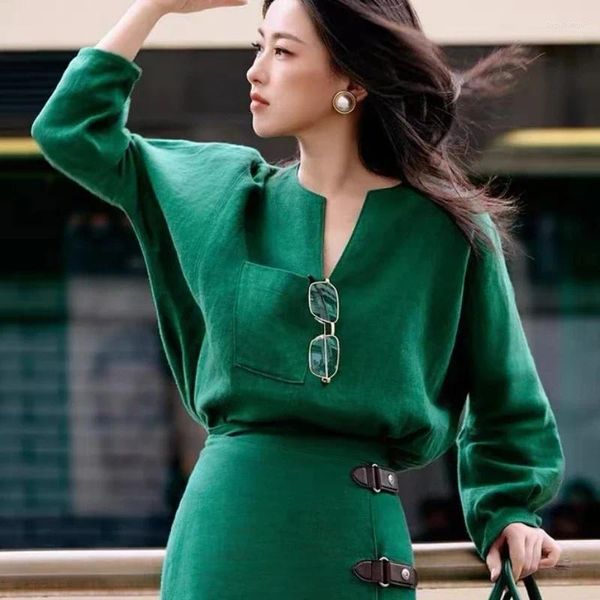 Blusas femininas 2023 Autumn Green Pocket Women Shirt Top / Saia de cintura alta