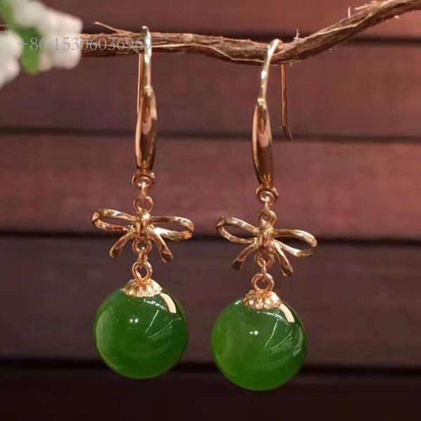 Mulheres tradicionais chinesas Jade Eardrop Wholesale Gold 8mm Green Natural Hetian Jasper Brincho pendente