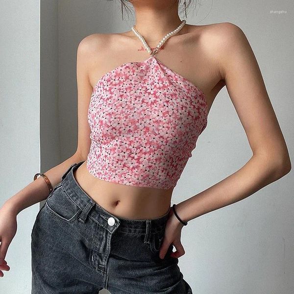 Serbatoi da donna Pink Floral Halter Tops Summer Y2K Lace Up Weeveveless Crop Women Fashion Camisole 2023 Streetwear