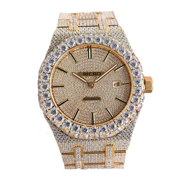 Guarda Top Men's Gold Color inossidabile in acciaio inossidabile Diamond-Set Case movimenti meccanici Filla a prua 42 mm Ricro