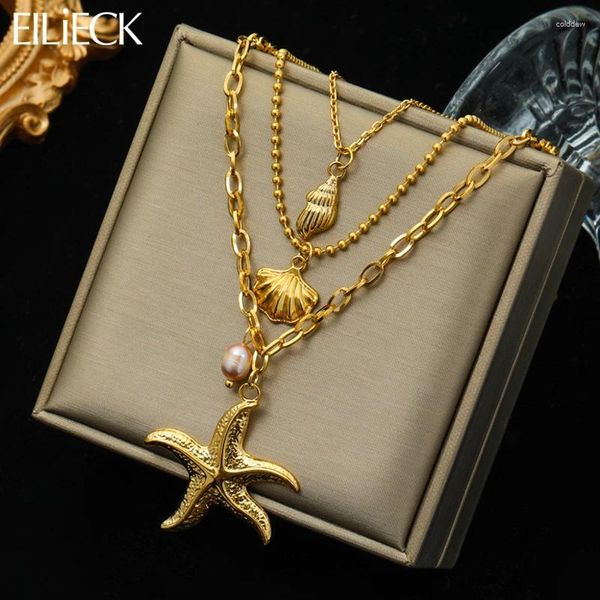 Collane a ciondolo Eilieck 316L in acciaio inossidabile Starfish Conch conchs Collana perle per donne 3in1 Chains Chains Jewelry Lady Gift