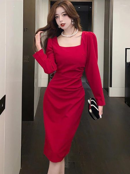 Lässige Kleider Frauen rot Luxus elegantes Hochzeitskleid Herbst Winter Schwarz Langarm Sqaure Kragen 2023 Korean Fashion Bodycon Prom Robe