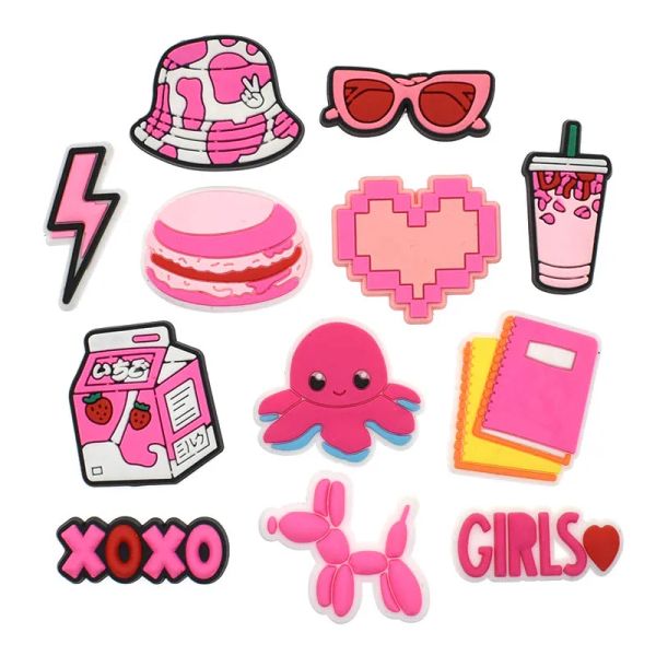 Heißer Verkauf 1pcs Schuhschuh Charms Pink Love Milk Hut Ballon Hund Pvc süße Gartenschuhschnalle Dekoration FIT CROC JIBZ KINDER KINDE X-MAS GESCHENK