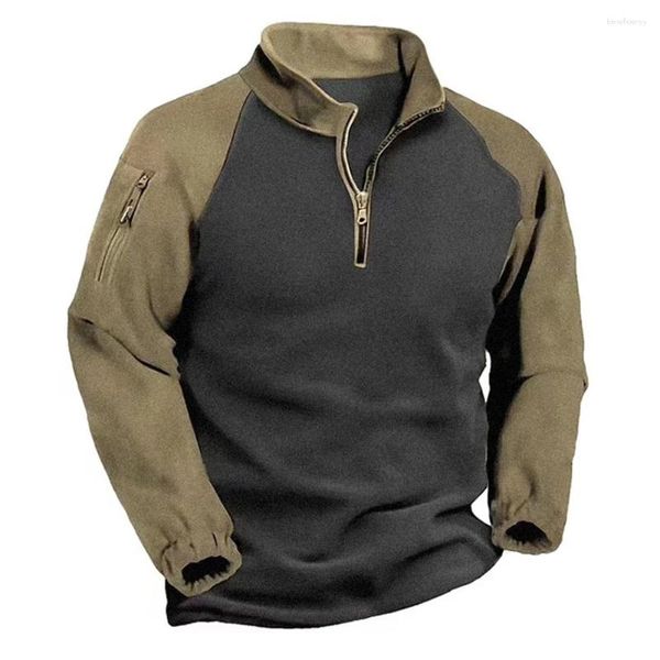 Herren Hoodies Outdoor Tasche T -Shirt Slim Fit Army Green Top mit halb Pull -Kettenhals für täglich und im Fitnessstudio verwendet