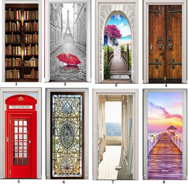 PVC Mural Paper Print Art 3d Bookshelf Tower Sea Door Stickers Decoração de casa Imagem auto -adesiva Papel de parede à prova d'água para quarto T28577729