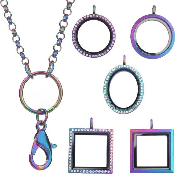10pcs Los Regenbogenfarbe rund schwimmende Zauberhängendel Anhänger für Frauen Halskette Magnetische Erinnerung Lebendglas Medaillon mit Ketten Y1217V