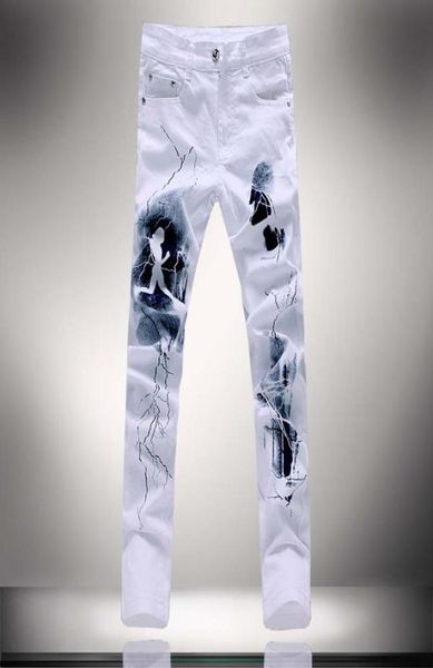 Whole2016 White 3D Impresso Men Jeans Homme Homem exclusivo de impressão de jeans Algodão grande 40 38 jeans skinny para homens calças de jeans8702810