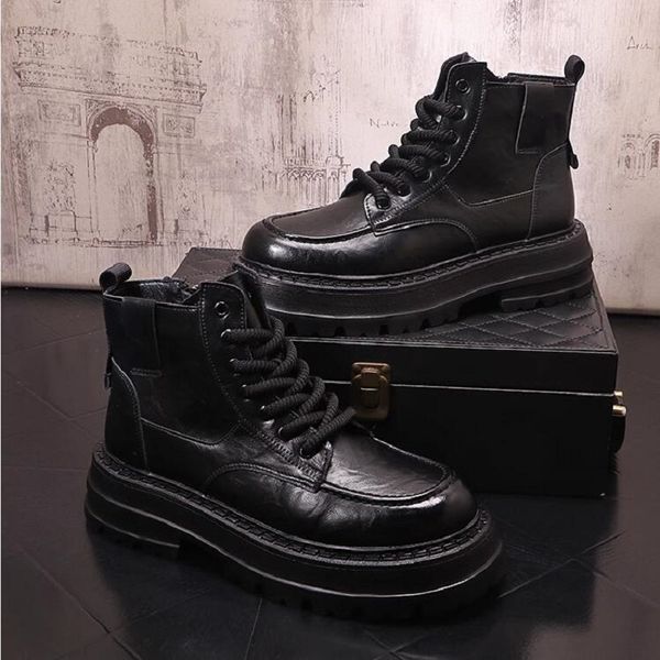 Moda Black Brown Leather tops altos sapatos homens sapatos casuais botas de motocicleta botas de tornozelas chaussure homme 10a32