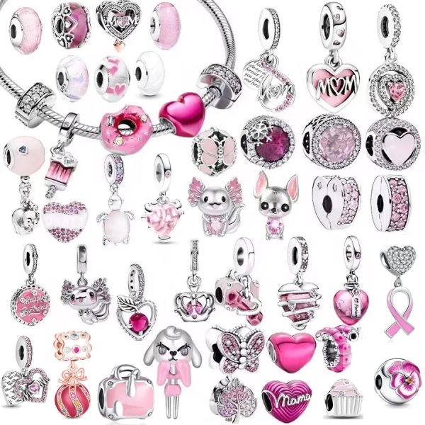 925 Gümüş Yeni Orijinal Pembe Orijinal Charm Love Potion Murano Cam Kalp Şekleli Kolye Boncuklar Pan Bilekler, Takı Ücretsiz Kargo