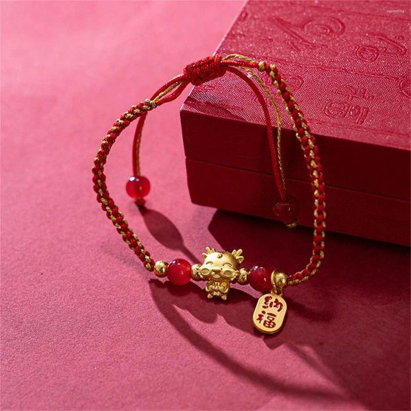 Braccialetti di fascino Drago di cartone animato zodiacale cinese per donne uomini fatti a mano in oro rosso catena di corda di corda braccialetto per l'anno fortunato