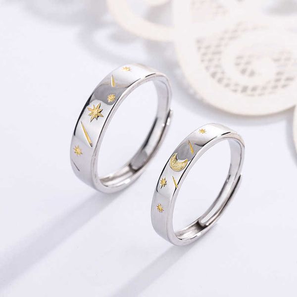 S925 Pure Silver Sun Moon Star Paar Ring einfach und kreatives Paar Ring mit verstellbarer Öffnung für männliche und weibliche Studenten