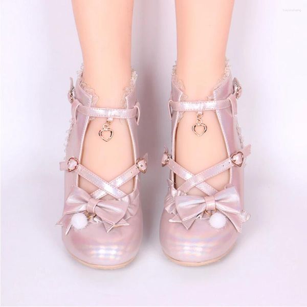 Vestido sapatos harajuku doce lolitas vintage redonda cabeça de top alto alto cano fofo bowknot strap kawaii loli sapato