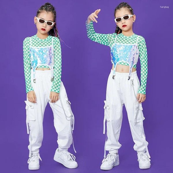 Sahne Giyim Takım Kids Modern Caz Performans Giysileri 2023 Çocuklar Hip Hop Dans Kostümleri Kızlar Sequin Vest Beyaz Pantolon