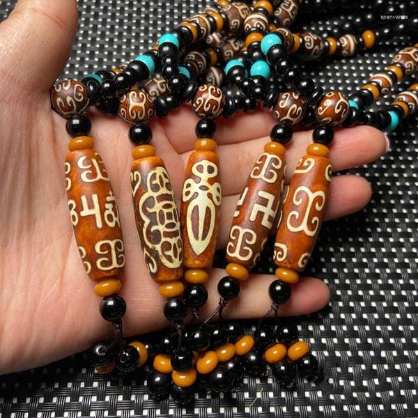 Colares pendentes antigos tibetanos dzi agates huiwen seis palavras Tassel Agat Stone Strand Colar longo para mulheres Reiki Healing