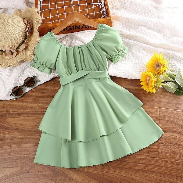 Vestidos de menina Crianças vestido casual para garotas verão 2023 Criança de ombro frio de manga curta Princesa verde Cenas Crianças 2-8y