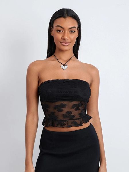 Tank femminili Donne S Y2K Tube Top senza spalline Floral Bandeau Tops Sexy Sheer Mesh Streetwear Streetwear