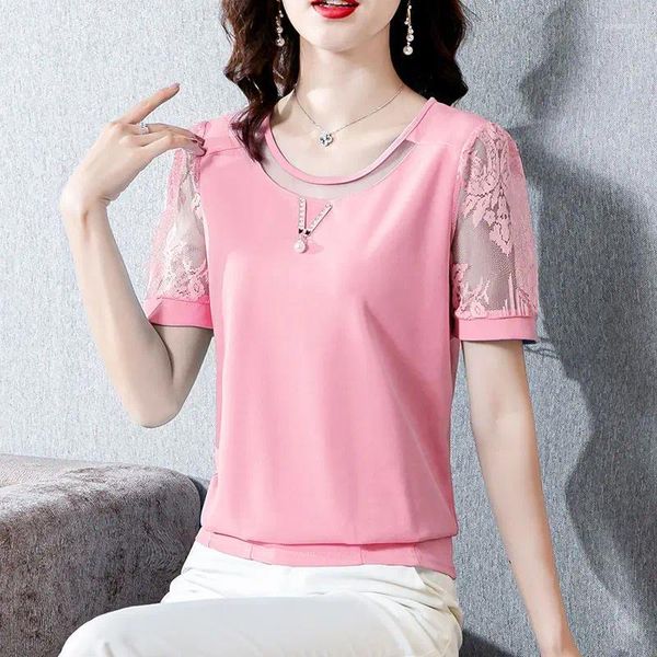 Blouses feminina Mesh Bottoming Shirt Fashion Lace Top Spring Summer Summer Ladies Chiffon Chiffon Manga curta T-shirt 4xl