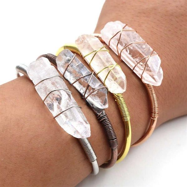 Enrolamento de arame Mineral cru de pulseiras de pedra de cristal natural Pulseiras de quartzo clara pulseiras abertas manguithe banglles de cobre jóias femininas q274z