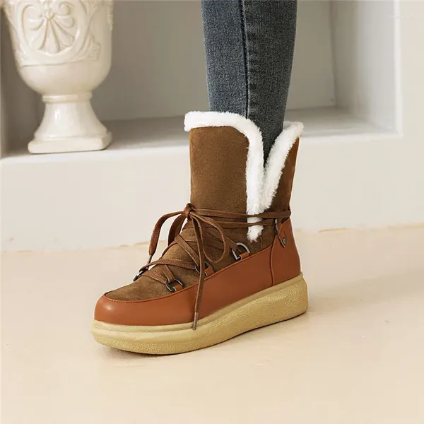 Stiefel Ymechic Winter 2023 Warm Plüsch Plattform Frauen Keilschuhe Kreuzgurt Design gelber schwarzer Knöchel Schnee für 43