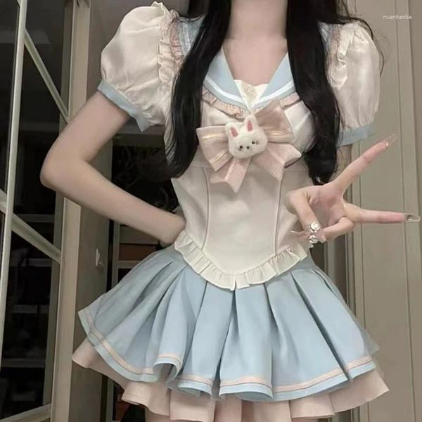 Arbeitskleider blau Kawaii y2k Frauen 2 Piieces Sets Süßigkeiten Bogen Seglerkragen Hemd Top Mini Tutu Rock Japanische Stil sexy lolita