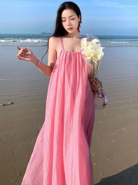 Lässige Kleider französische süße romantische rosa elegante Geburtstagsfeier Plissee Langkleid Urlaub ärmellose lose Slip Frauen Sommer Mode