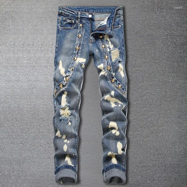 Мужские джинсы Blue Hole Patchwork Men Jean Hombre Motorcycle Pant Streetwear Ruped Print Zipper на 2023 г.