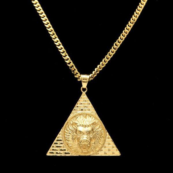 Pirâmide egípcia do triângulo com pingentes de leão pingentes de titânio aço cor de ouro blem Men Men Men Men Lucky Hip Hop Chain235w