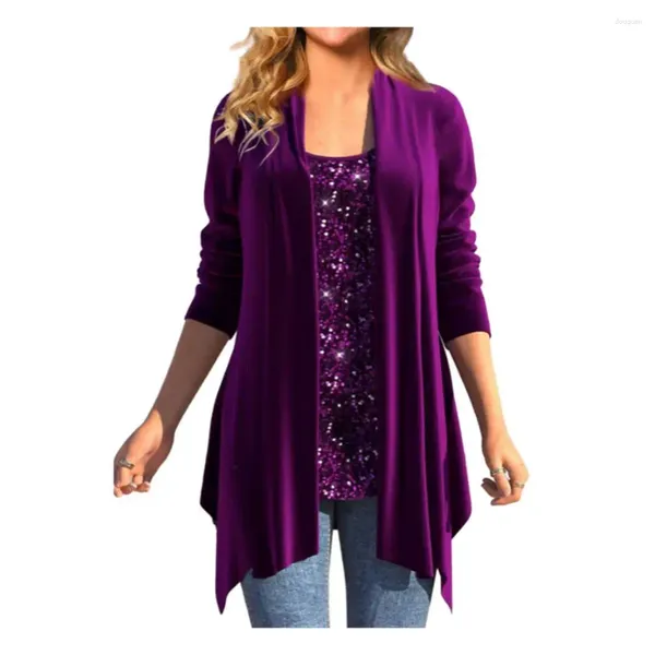 Dames Blouses Dames Pailletten Splitsing Top Tweedelige Onregelmatige zoom Blouse Voor Lange mouw Fluweel Met U-hals Ruimvallend Effen Kleur