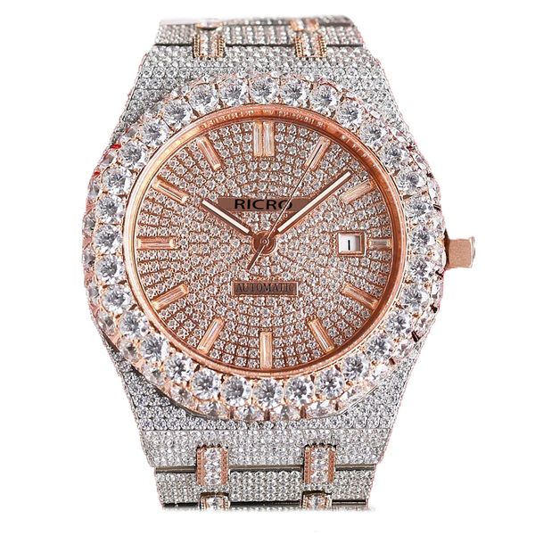 Top Luxury Men's Watch Rosegold und Silber Doppelfarbe Edelstahl Diamant-Set-Hülle Automatische mechanische Bewegung Bogenschnalle 42 mm Ricro