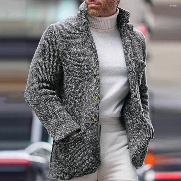 Мужские свитеры мужская куртка свитера винтажная стойка кардиган кардиган. Случайные карманы с длинным рукавом с одним грудным