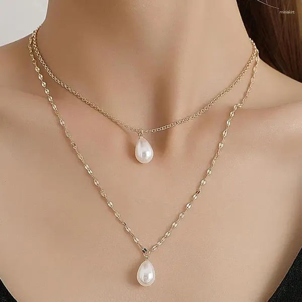 Anhänger Halsketten einfache Bijoux simulierte Perlen Anhänger Halskette Doppelkette Elegant Charm Laying Choker für Frauen Schmuck