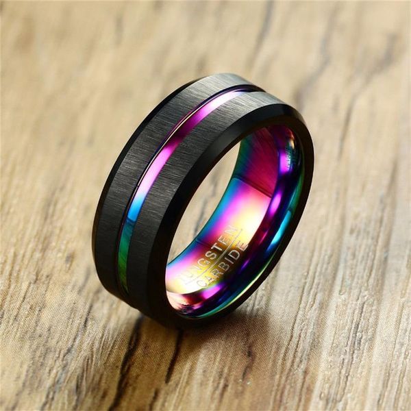 MODYLE 2020 Nero spazzolato in carburo di tungsteno Anello nuziale per uomini Fette da sposa femminile Rainbow Carbon Fibre Jewelry295M