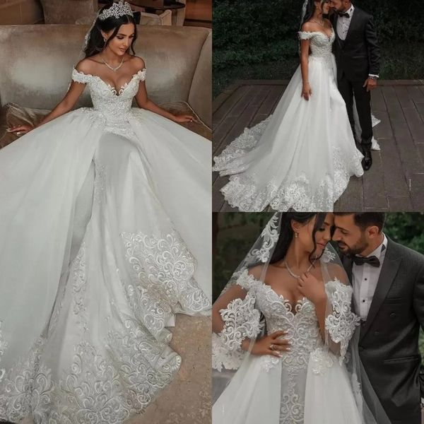 Vestidos de noiva de renda elegantes de miçangas de miçangas elegantes, vestidos de noiva sereia com trem destacável fora do ombro Applique Ivory Over Skirt Bride Dress