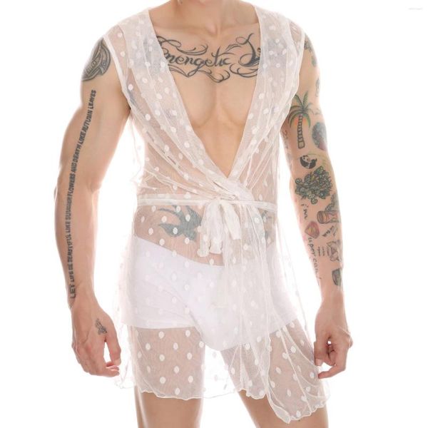 Men's Sleepwear Men Sexy Mesh Renda Veja através de Roupas Casa Macho Macho Com capuz transparente Nightwear Nightgown Sleeseless Leisure Bathrobes