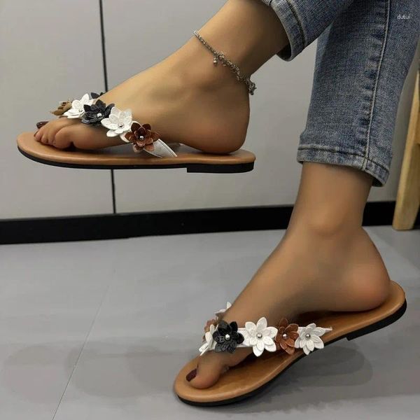 Terlik Kadın Ayakkabıları 2023 Marka Kesinti Tip Toe Moda Çiçek Gündelik Kadın Slingbacks Flip Flops