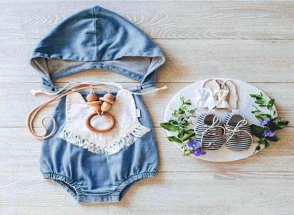 Blue Baby ROMPERS mit Mütze Mock Denim Neugeborene Onepiece Kleidung Kleinkinder Mode Jumpernsuits Kinder Kinder Baumwolle Romper2051261