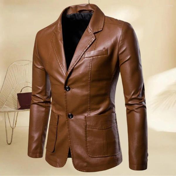 Jackets masculinos Men Men Faux Leather Casel Casel Cor Solid Surface lisa Motociclista solta Motocicleta de peito de peito para uso diário