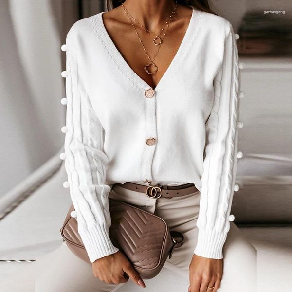 Magliette da donna 2023 Elegant Fall Ladies maglione top sexy a v-collo a V Women Cardigan Casual Casual Solid White Spring Long Maniche