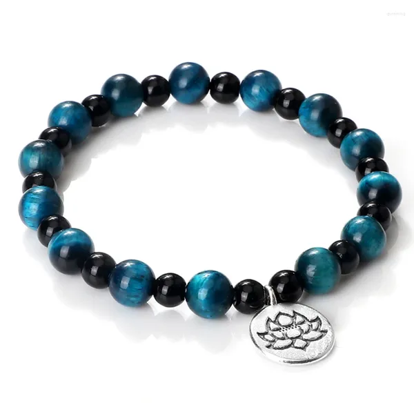 Strand 8mm Blau Tiger Augenstein Armband Glück Lotus Buddha Charm Armreifen für Frauen Männer Yoga Schmuck glänzende schwarze Achate Perlen Armbänder
