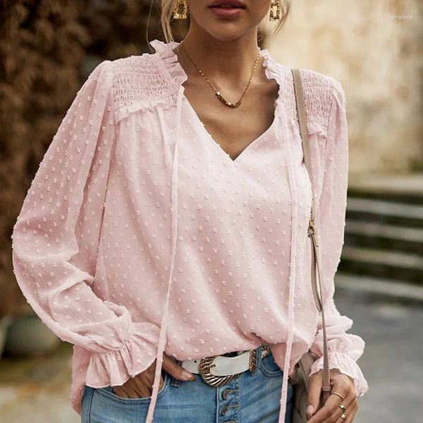 Frauenblusen Jacquard Lace Chiffon Bluse Frauen lässige elegante solide, gekräuselte V-Ausschnitt für Mode Slim Fit Long Sleeve Tops 30057