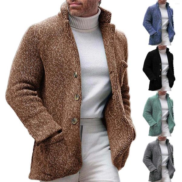Camisolas masculinos masculino botão casual com suéter quente casaco de lapela de lapela de manga longa Chef