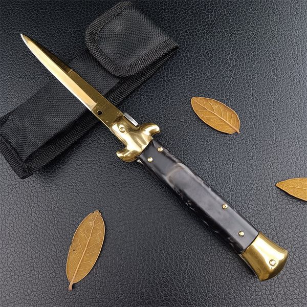 Coltello pieghevole automatico da 9 pollici a lama dorata Black Acrilic Hand Acrilico Outdoor Campeggia di difesa di sopravvivenza Pocket Colcale pieghevole Strumenti multifunzionali BM 3300 3400