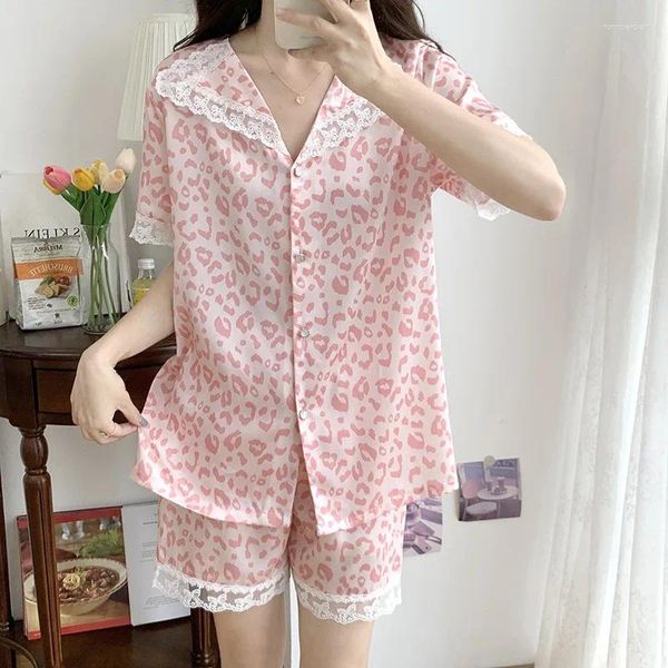 Женская одежда для сна Летняя женская пижама набор розовые шорт с коротким рукавом